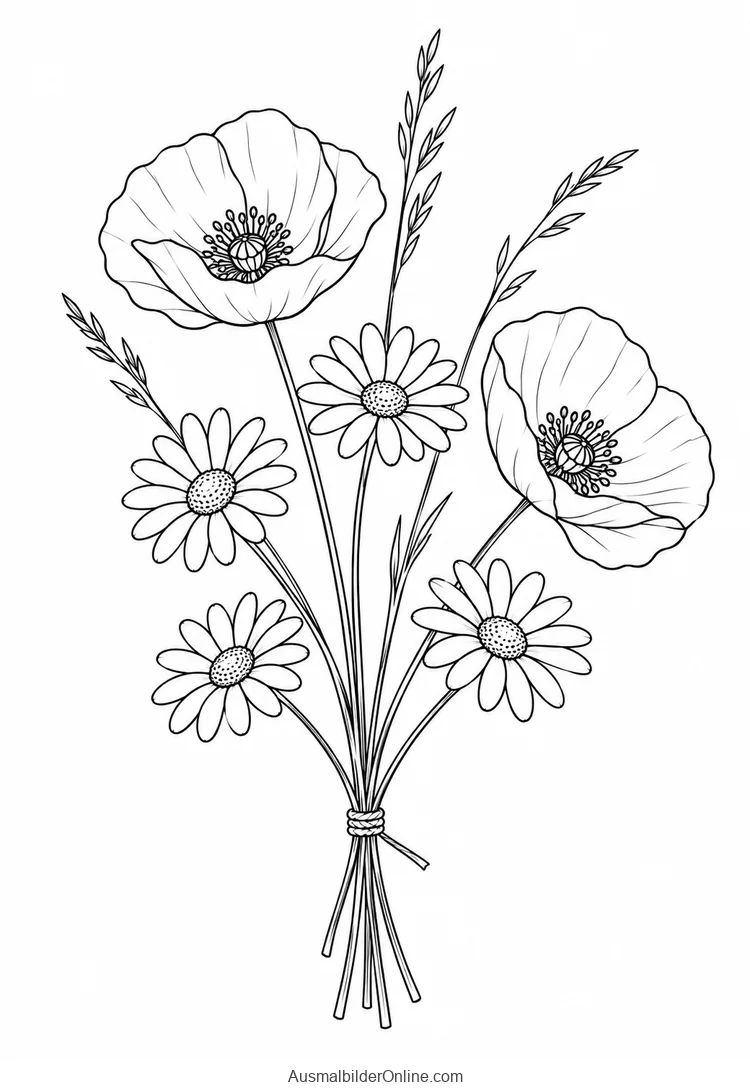 Mohnblumen und margeritenartige Blüten mit Gräsern bilden einen lockeren Strauß
