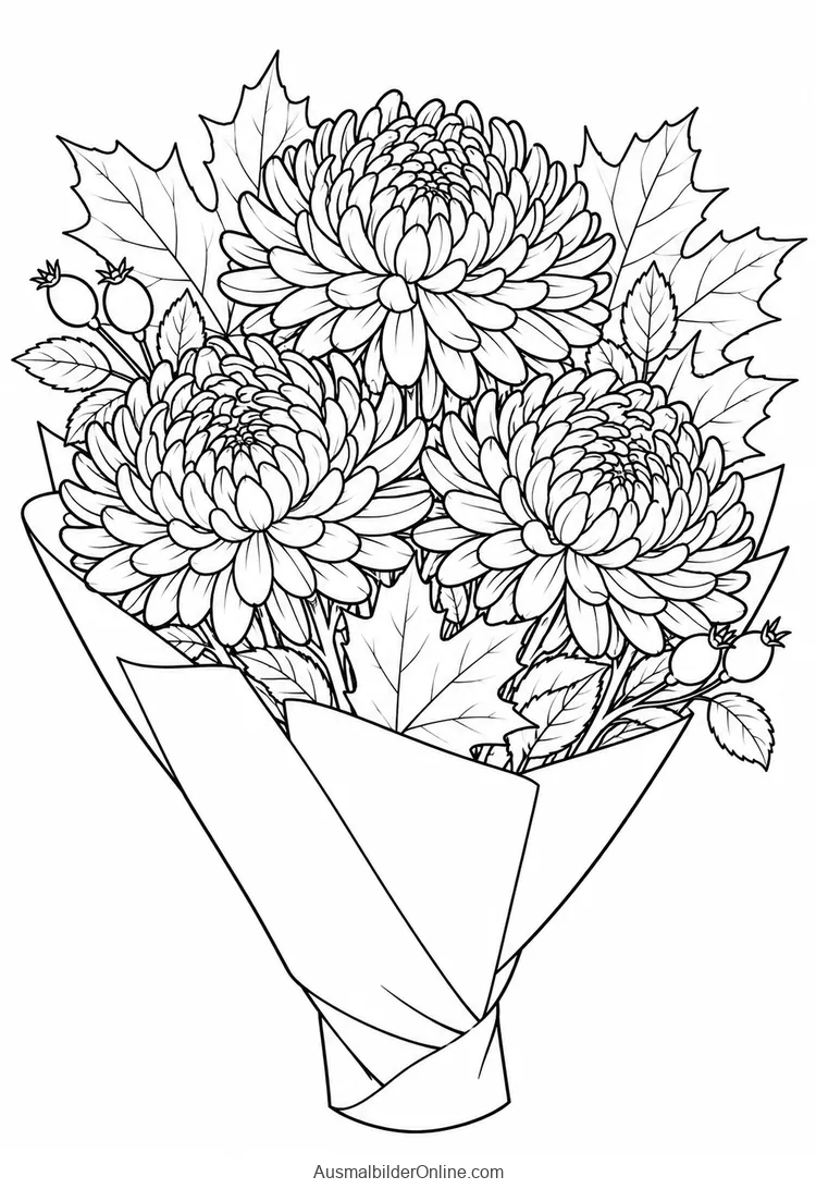 Drei Chrysanthemen mit Ahornblättern und Hagebutten stecken in einer Papierhülle