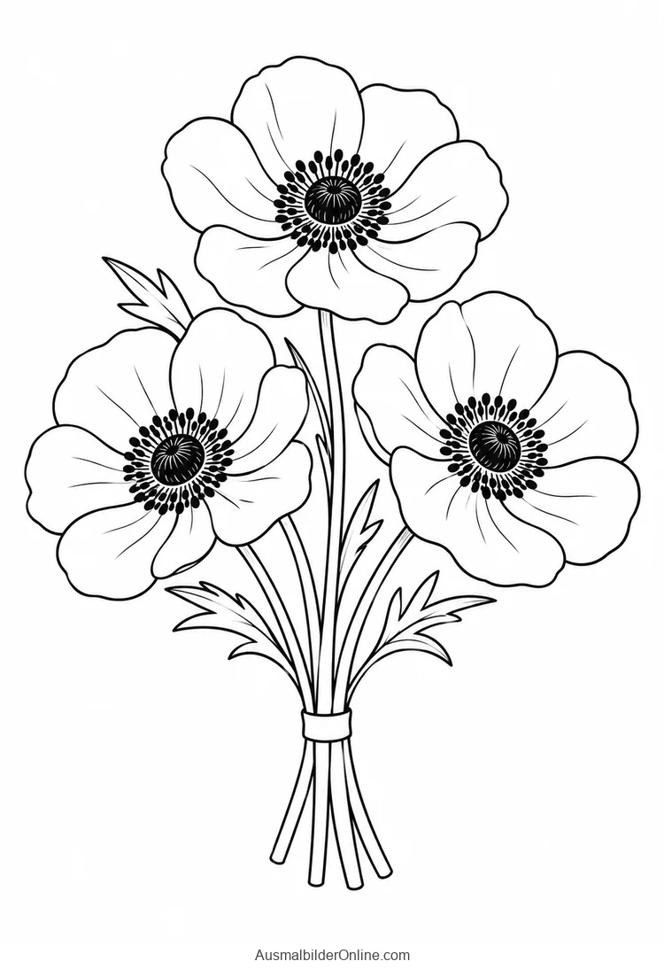 Drei Anemonen mit dunklen Blütenmitten und geteilten Blättern bilden einen Strauß