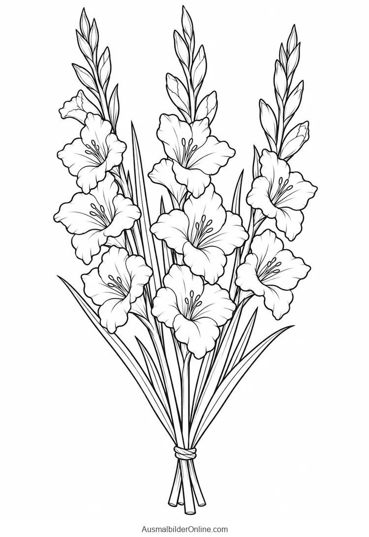 Drei hohe Gladiolenstängel mit offenen Blüten und geschlossenen Knospen sind gebunden