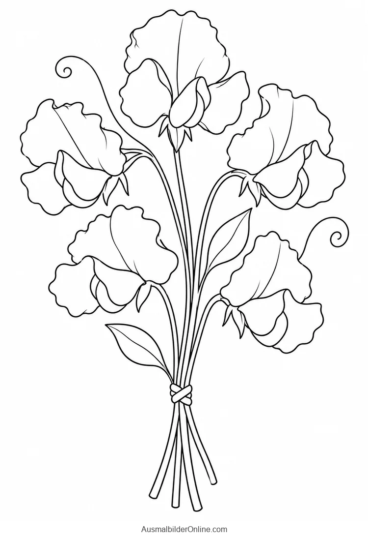 Fünf Wickenblüten mit zarten Ranken bilden einen gebundenen Strauß
