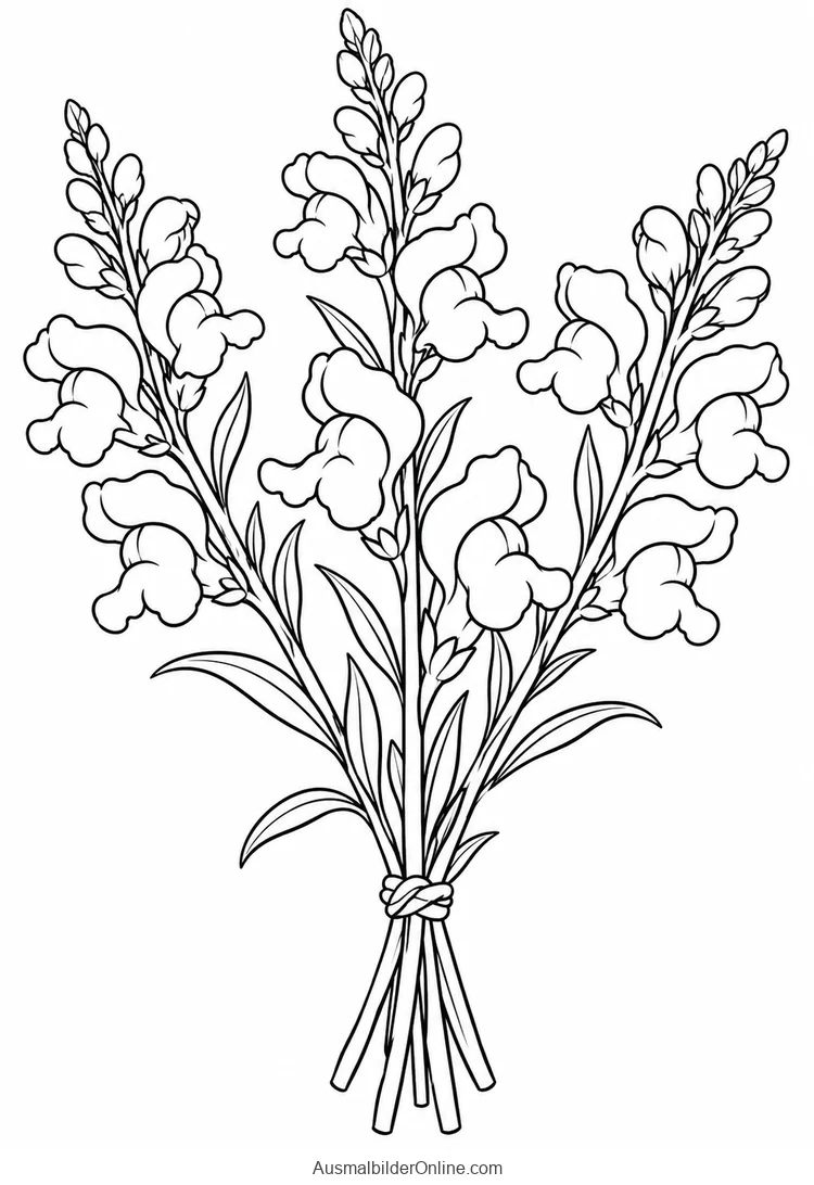Drei hohe Löwenmäulchenstängel mit Blüten und Knospen sind zusammengebunden