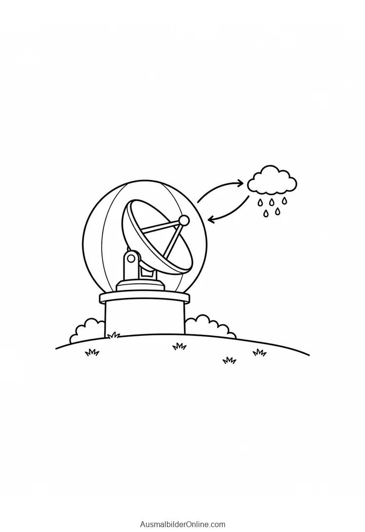 Wetterradar mit einer Schüssel unter einer runden Hülle neben einer Regenwolke