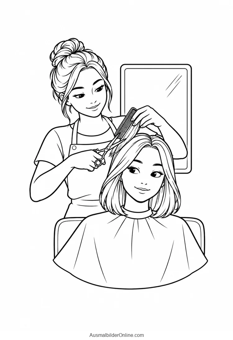 Eine Friseurin schneidet mit Schere und Kamm die Haare einer Kundin