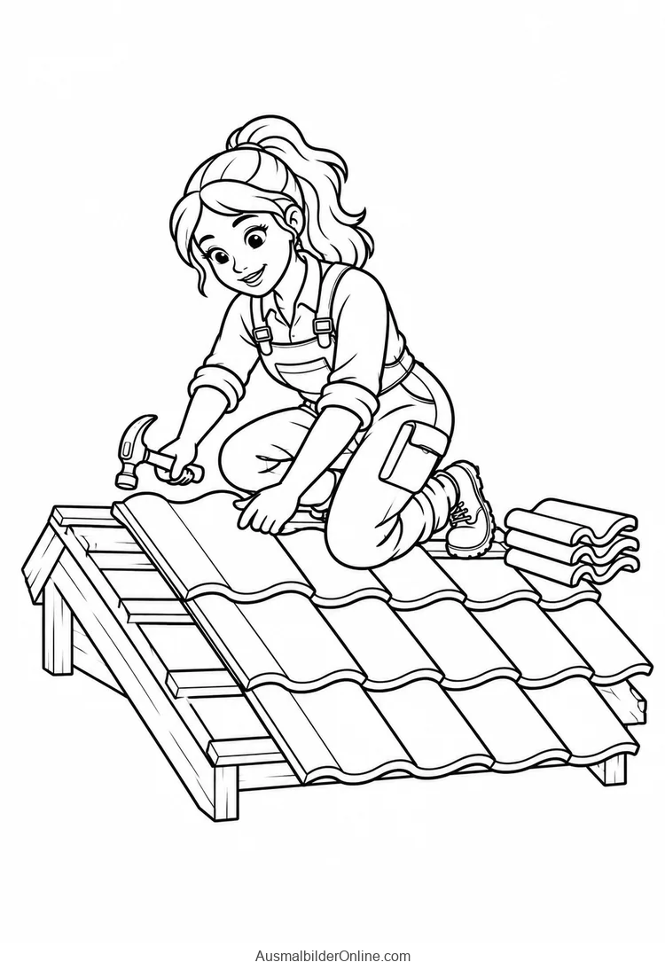 Eine Dachdeckerin kniet an einem kleinen Dachabschnitt mit Dachziegeln und Hammer