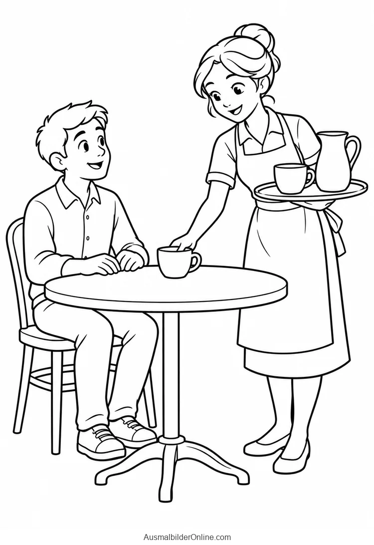 Eine Kellnerin stellt einem Gast am runden Tisch eine Tasse hin und trägt ein Tablett