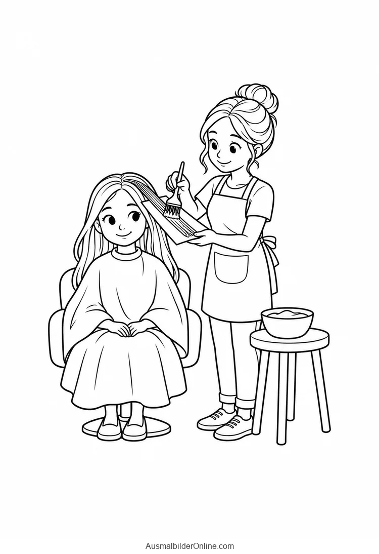 Eine Friseurin trägt mit einem Pinsel Haarfarbe auf eine Haarsträhne auf