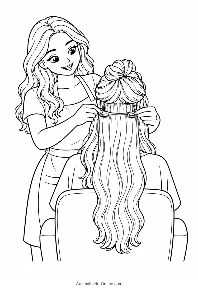 Eine Friseurin befestigt eine Haarverlängerung am Hinterkopf