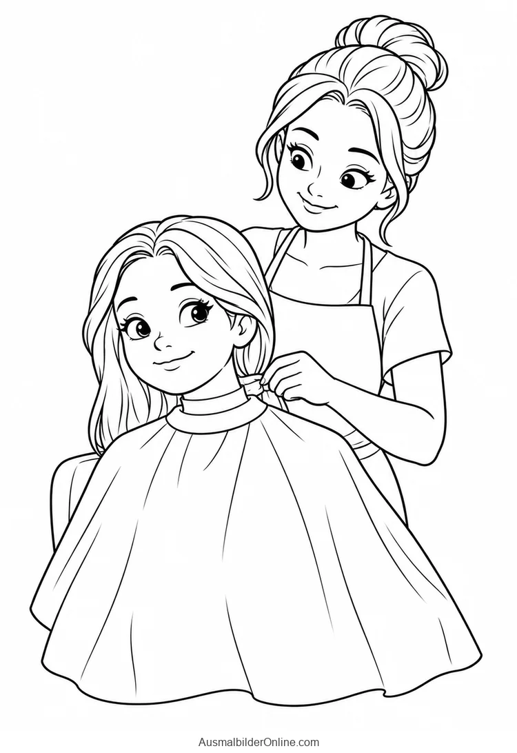Eine Friseurin befestigt einen Friseurumhang am Hals einer Kundin