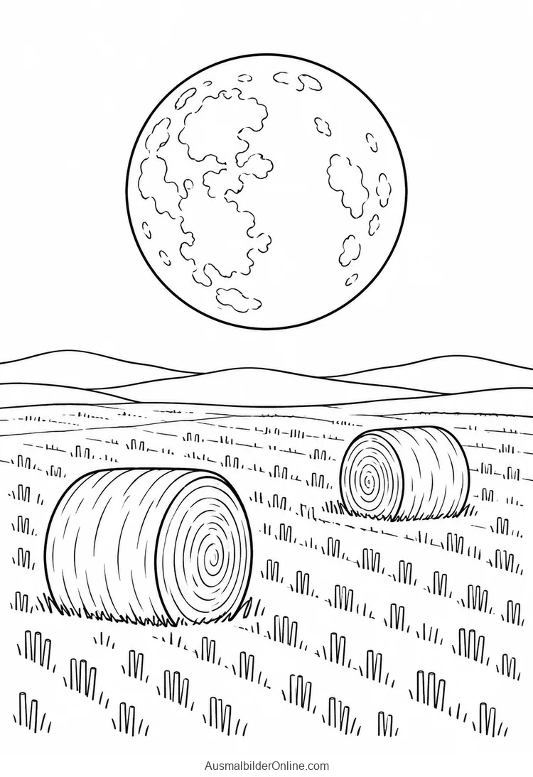 Vollmond über einem abgeernteten Feld mit zwei Heuballen
