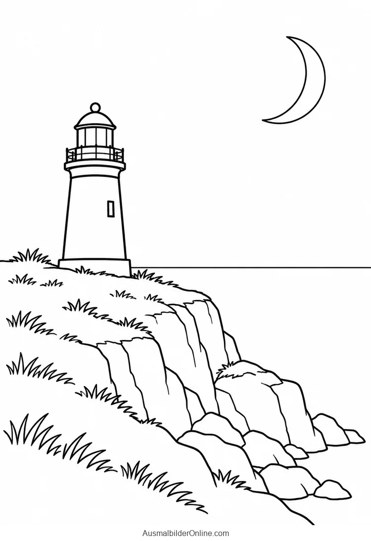 Mondsichel über einem Leuchtturm auf einer felsigen Küste