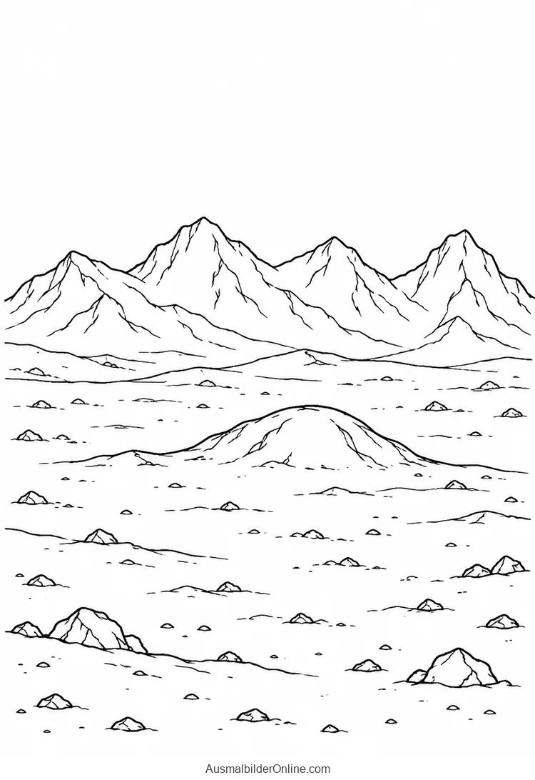 Zerklüftete Bergkette und eine niedrige runde Kuppe auf dem Mond