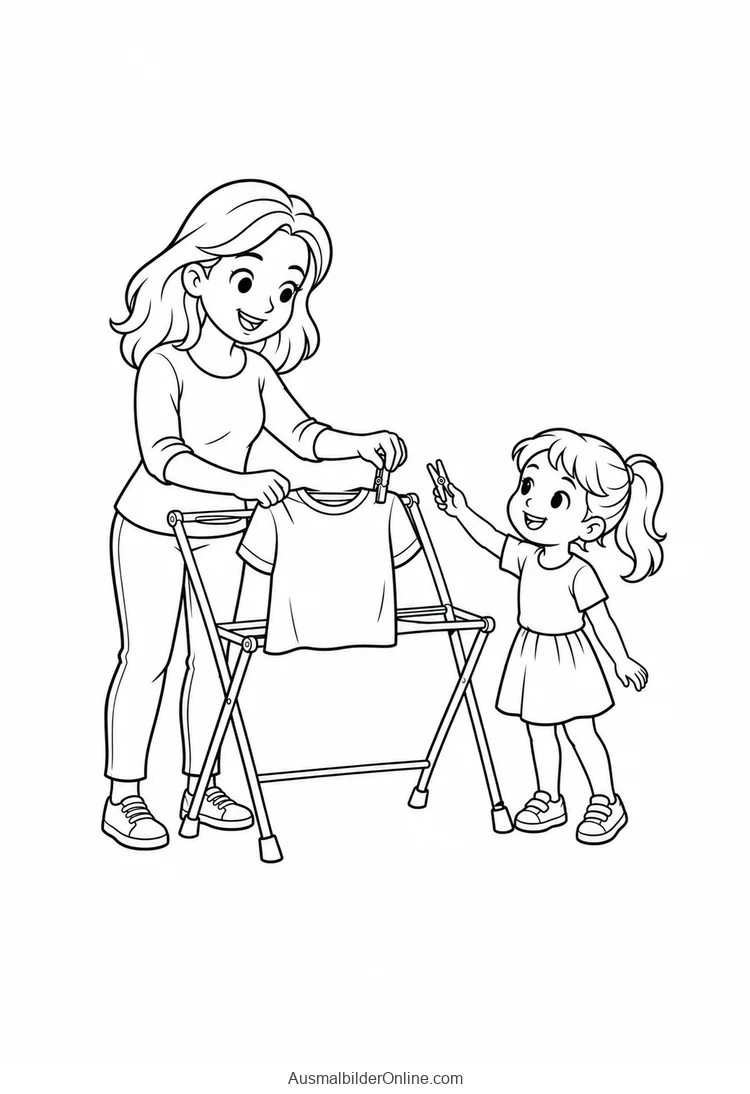 Ein Erwachsener hängt ein T-Shirt an die Wäscheleine, ein Kind reicht eine Wäscheklammer