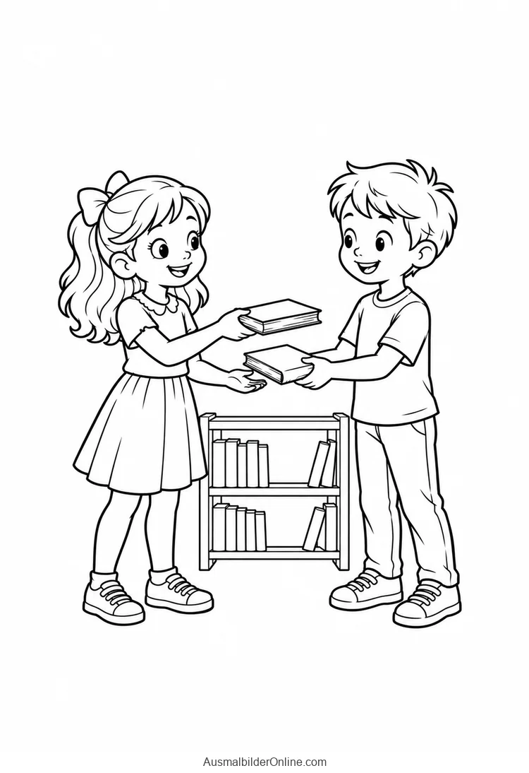 Zwei Kinder tauschen vor einem kleinen Bücherregal jeweils ein Buch