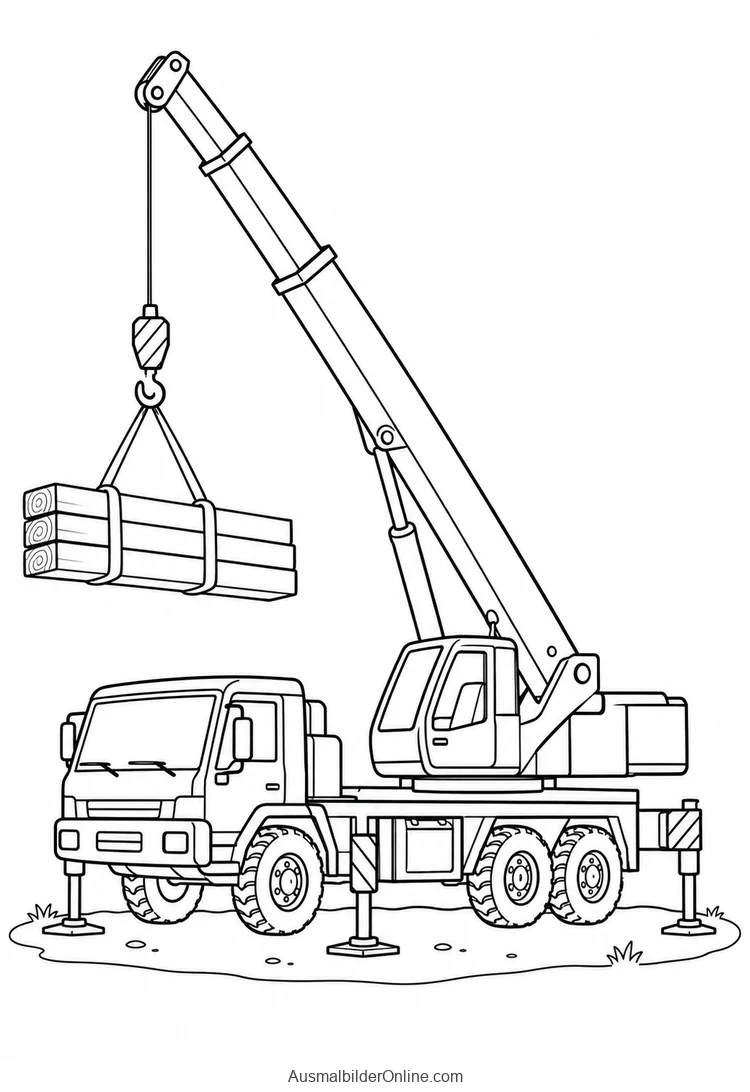 Ein Mobilkran mit ausgefahrenen Stützen hebt ein Bündel Holzbalken an zwei Gurten.