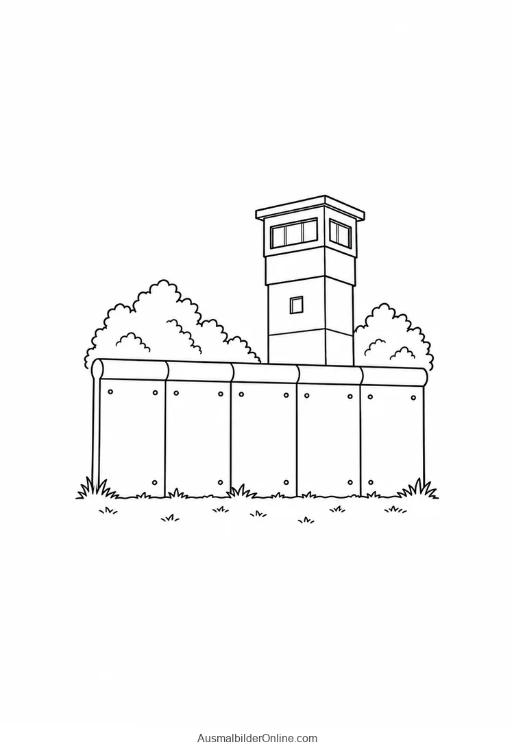Ein kurzer vollständig sichtbarer Berliner Mauerabschnitt mit einem Wachturm dahinter