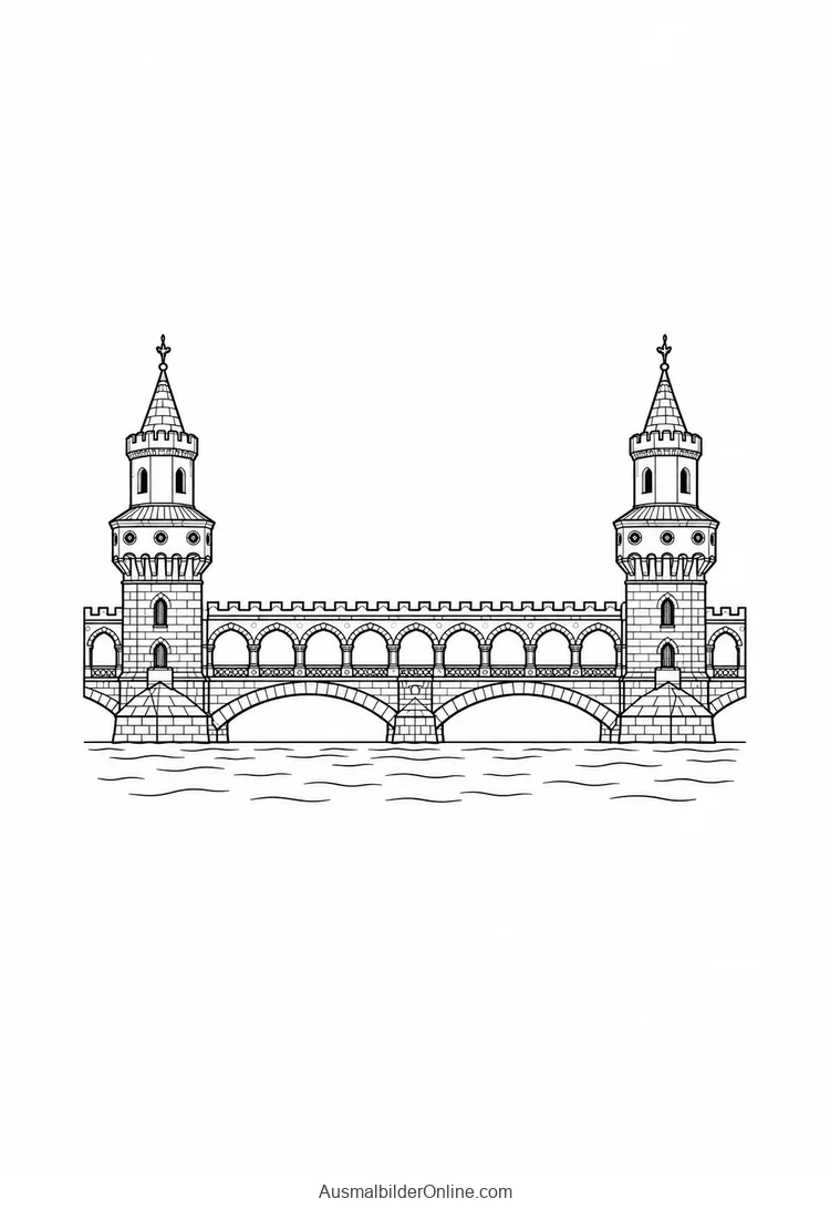 Die Oberbaumbrücke über einer Wasserlinie mit zwei Türmen und Bögen