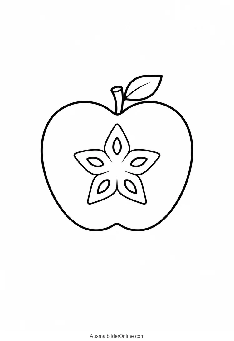 Ein stilisierter Apfel mit Stiel, Blatt und sternförmiger Innenzeichnung