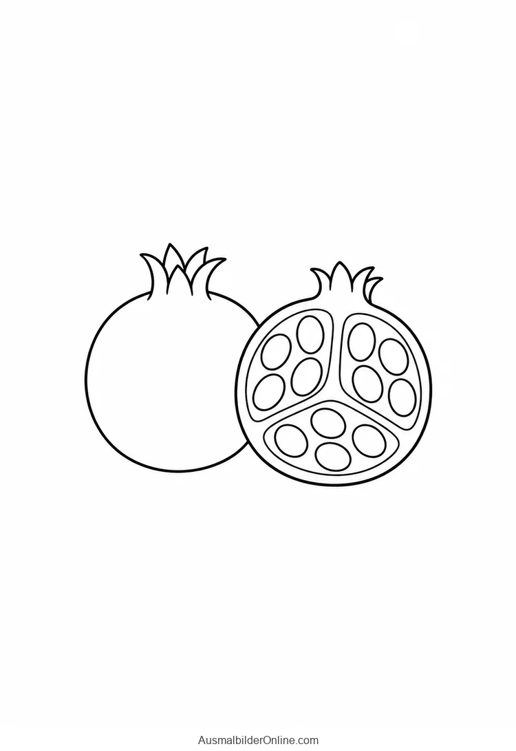 Ein ganzer und ein geöffneter Granatapfel mit vereinfachten Kernformen