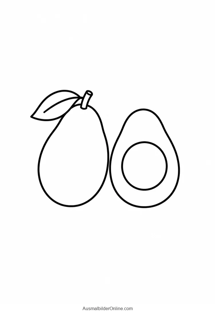 Eine ganze und eine halbierte Avocado mit rundem Kern