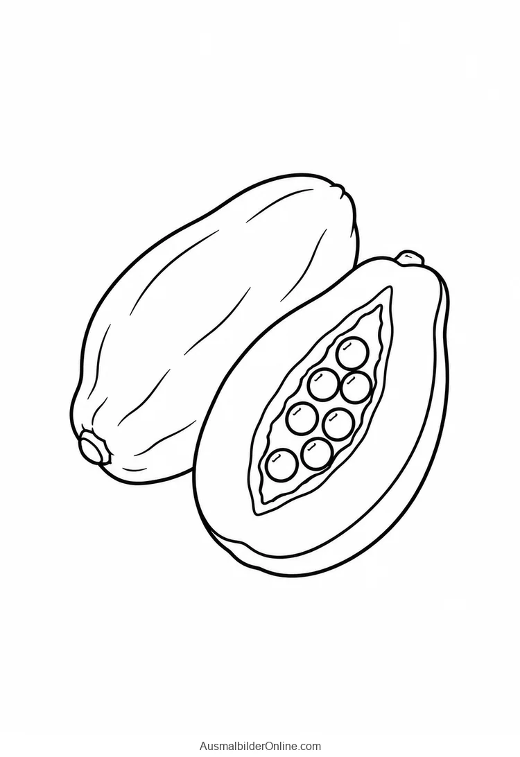 Eine ganze und eine geöffnete Papaya mit vereinfachten runden Kernformen