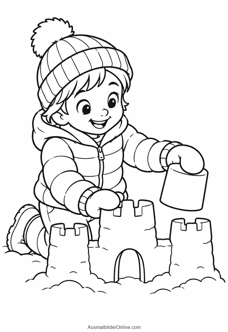 Ein Kind baut eine kleine Schneeburg mit einer runden Form im Schnee