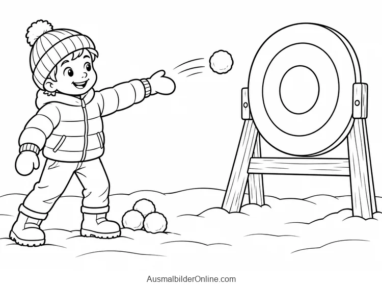 Ein Kind wirft einen Schneeball auf eine runde Zielscheibe an einem Holzständer