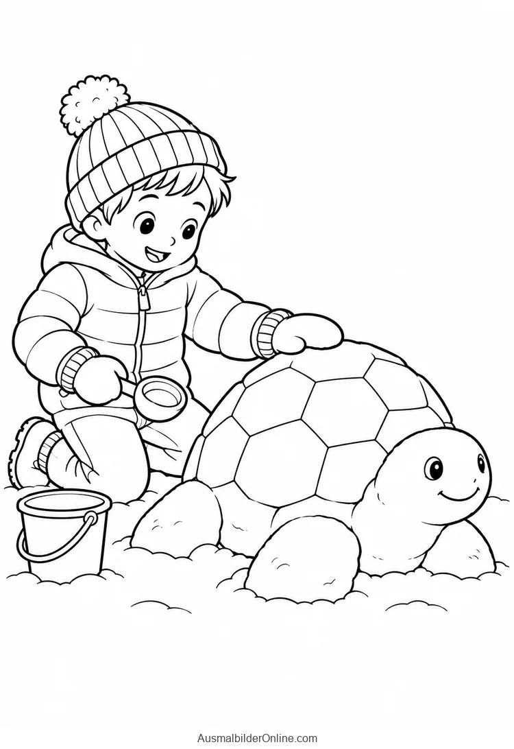 Ein Kind formt eine Schildkröte aus Schnee neben einem kleinen Eimer