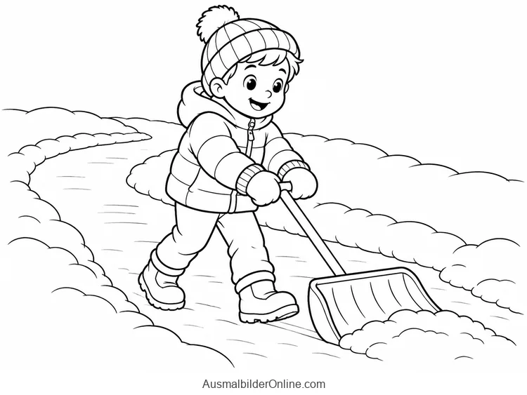 Ein Kind schiebt mit einer Schneeschaufel einen gewundenen Spielweg durch den Schnee