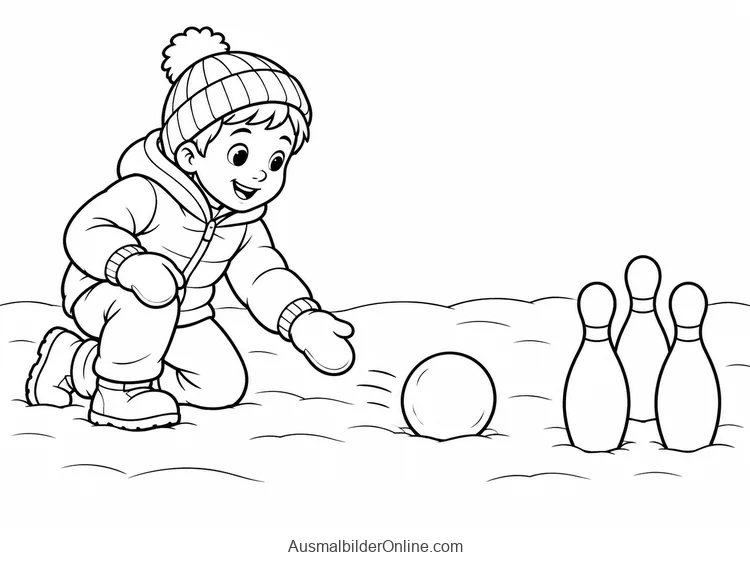 Ein Kind rollt eine Schneekugel auf drei einfache Spielkegel im Schnee zu