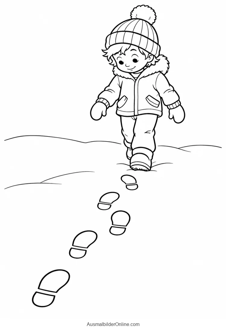 Ein Kind folgt einer geschwungenen Spur aus Stiefelabdrücken im Schnee