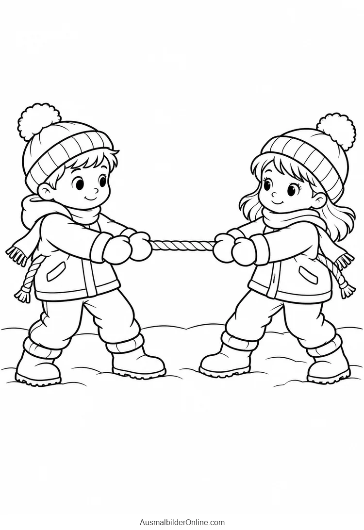 Zwei Kinder spielen im Schnee vorsichtig Tauziehen mit einem kurzen Seil