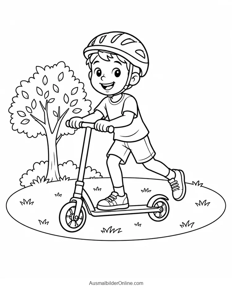 Junge mit Fahrradhelm fährt auf einem Tretroller an einem Baum vorbei