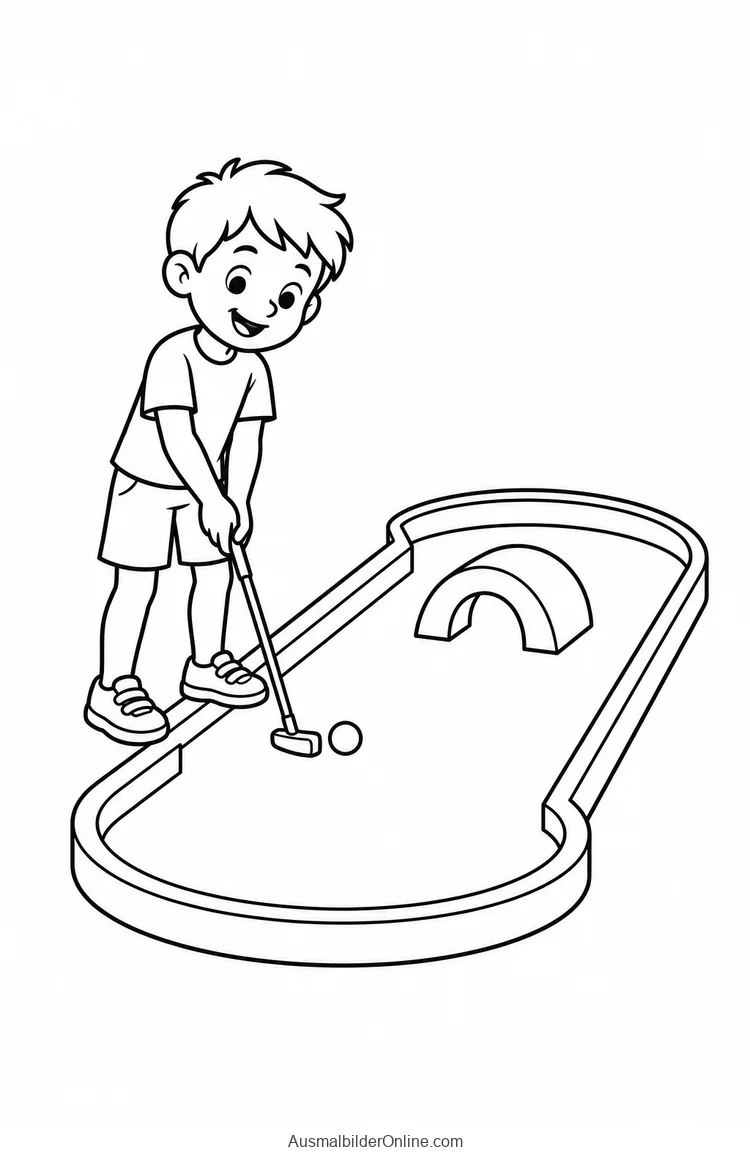 Junge spielt Minigolf vor einem bogenförmigen Hindernis
