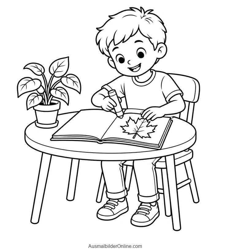 Junge klebt ein Ahornblatt in ein aufgeschlagenes Sammelbuch am Tisch