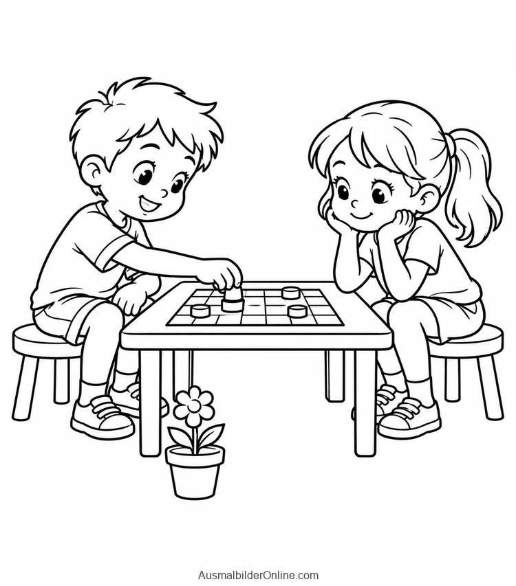 Junge und Mädchen spielen Dame an einem kleinen Tisch