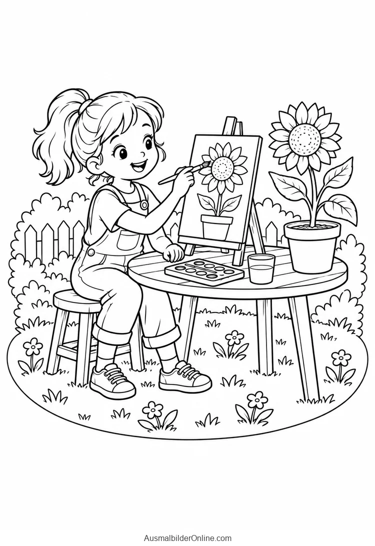 Mädchen malt eine Sonnenblume an einer Staffelei auf dem Gartentisch