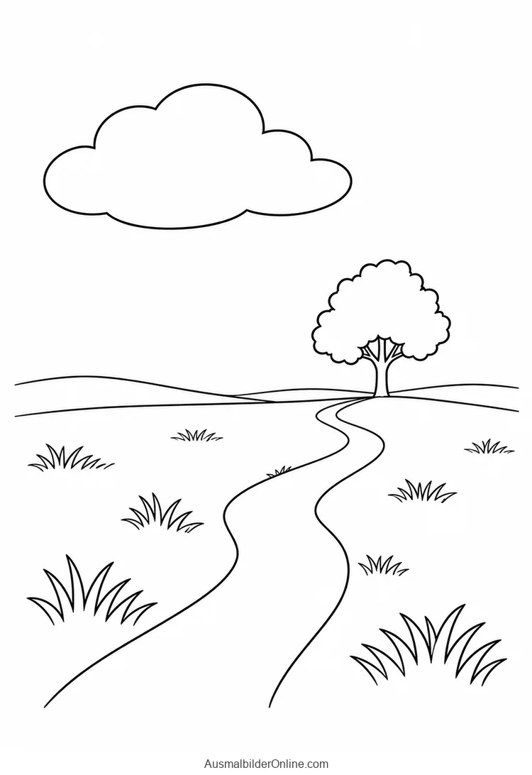Geschwungener Fußweg führt über eine Wiese zu einem kleinen Baum