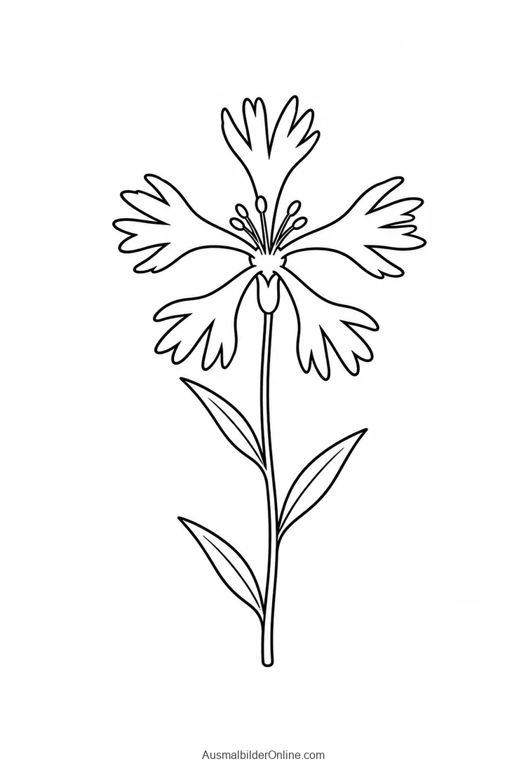 Einzelne große Blüte mit tief gefransten Kronblättern und schmalen Blättern