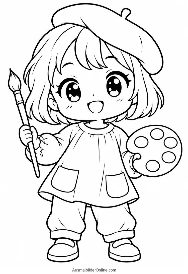 Eine originale Chibi-Malerfigur hält eine Palette und einen Pinsel