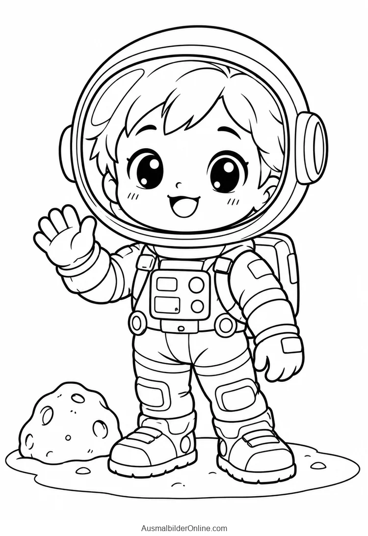 Eine originale Chibi-Weltraumfigur winkt im Raumanzug neben einem kleinen Mondstein