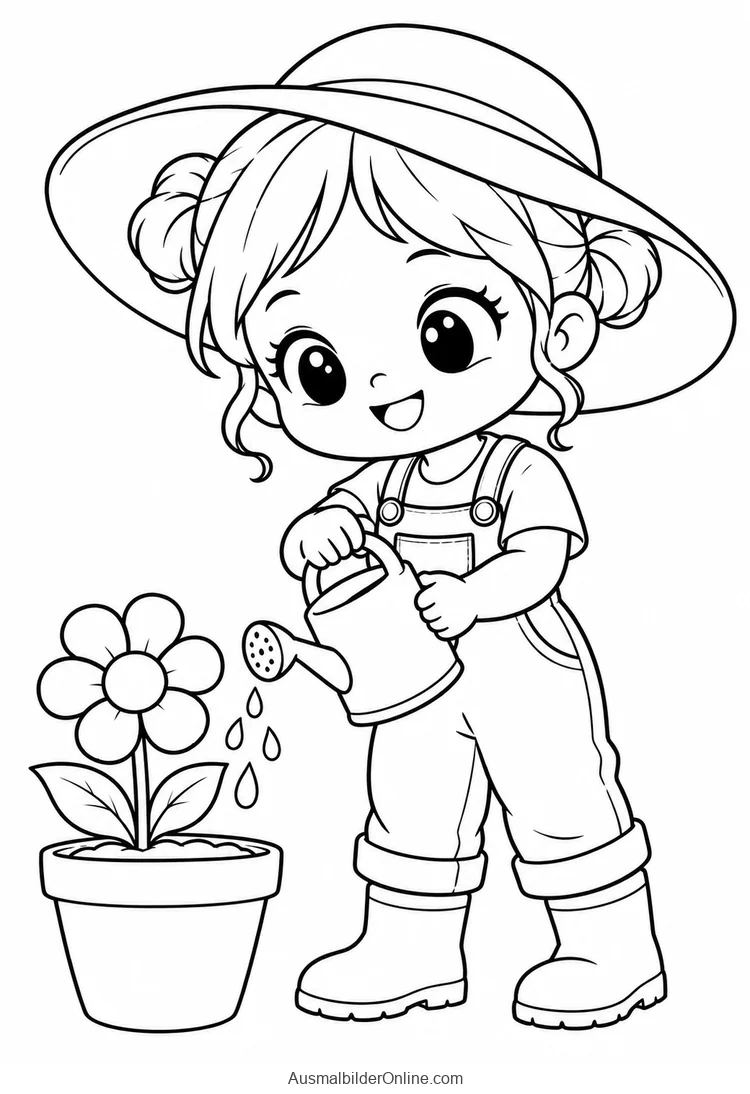 Eine originale Chibi-Gartenfigur gießt eine Blume in einem Topf
