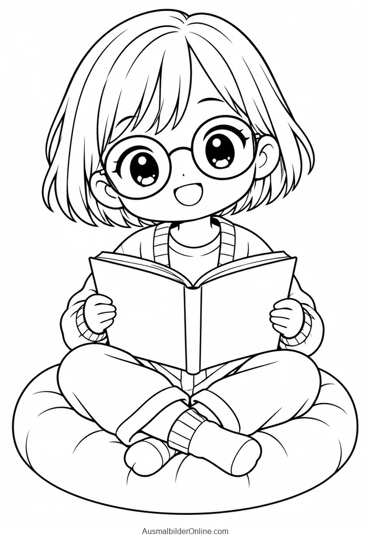 Eine originale Chibi-Lesefigur sitzt mit einem offenen Buch auf einem runden Kissen