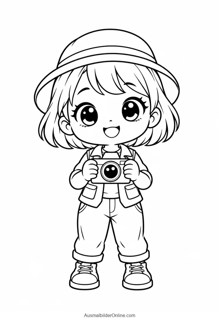 Eine originale Chibi-Fotografenfigur hält eine Kamera vor der Brust