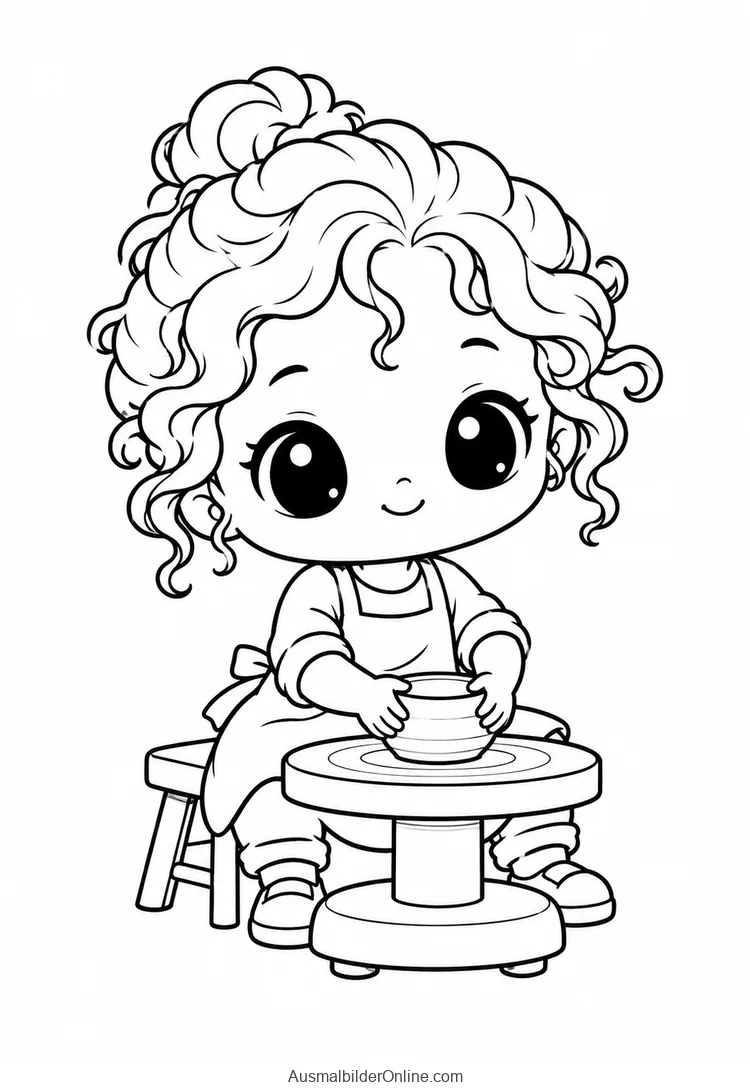 Eine originale Chibi-Töpferfigur formt eine kleine Schale auf einer niedrigen Töpferscheibe
