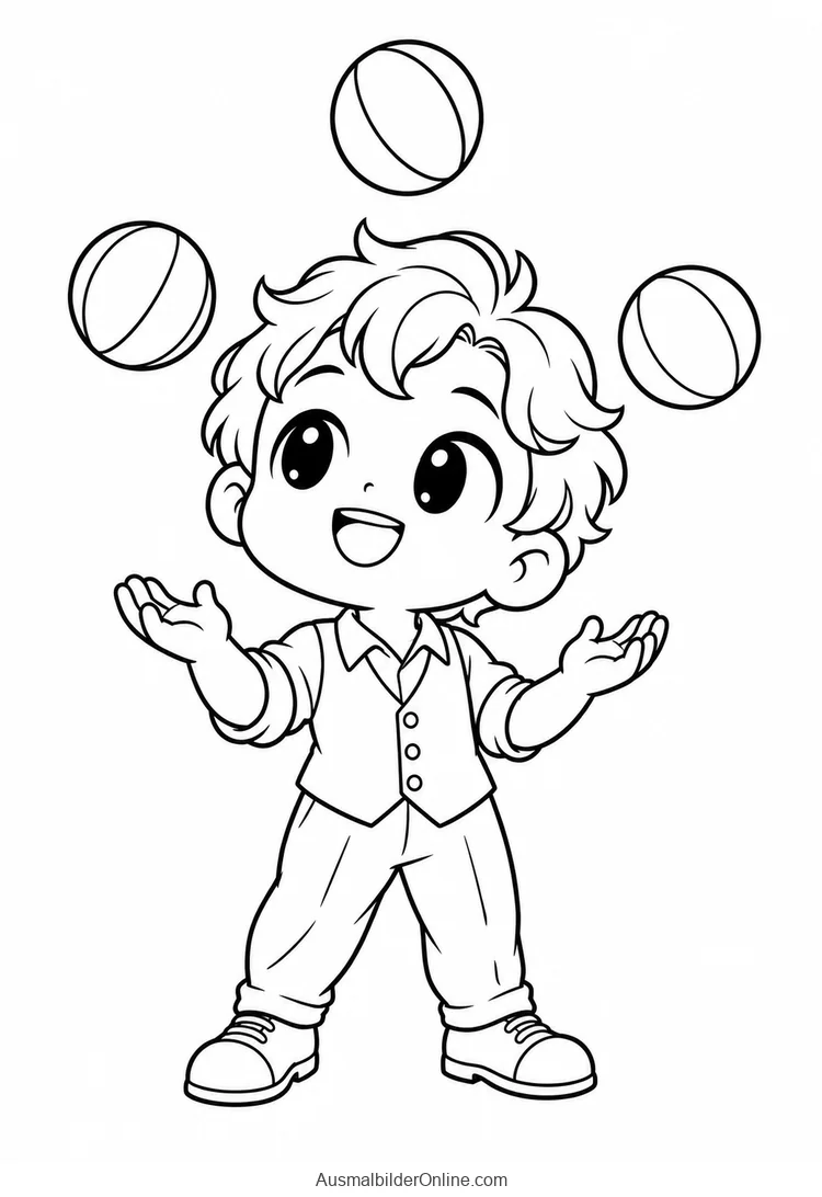 Eine originale Chibi-Jonglierfigur jongliert drei große Bälle