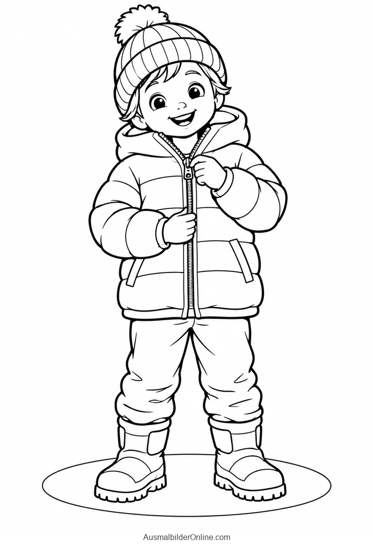 Lächelndes Kind zieht den Reißverschluss seiner Winterjacke zu