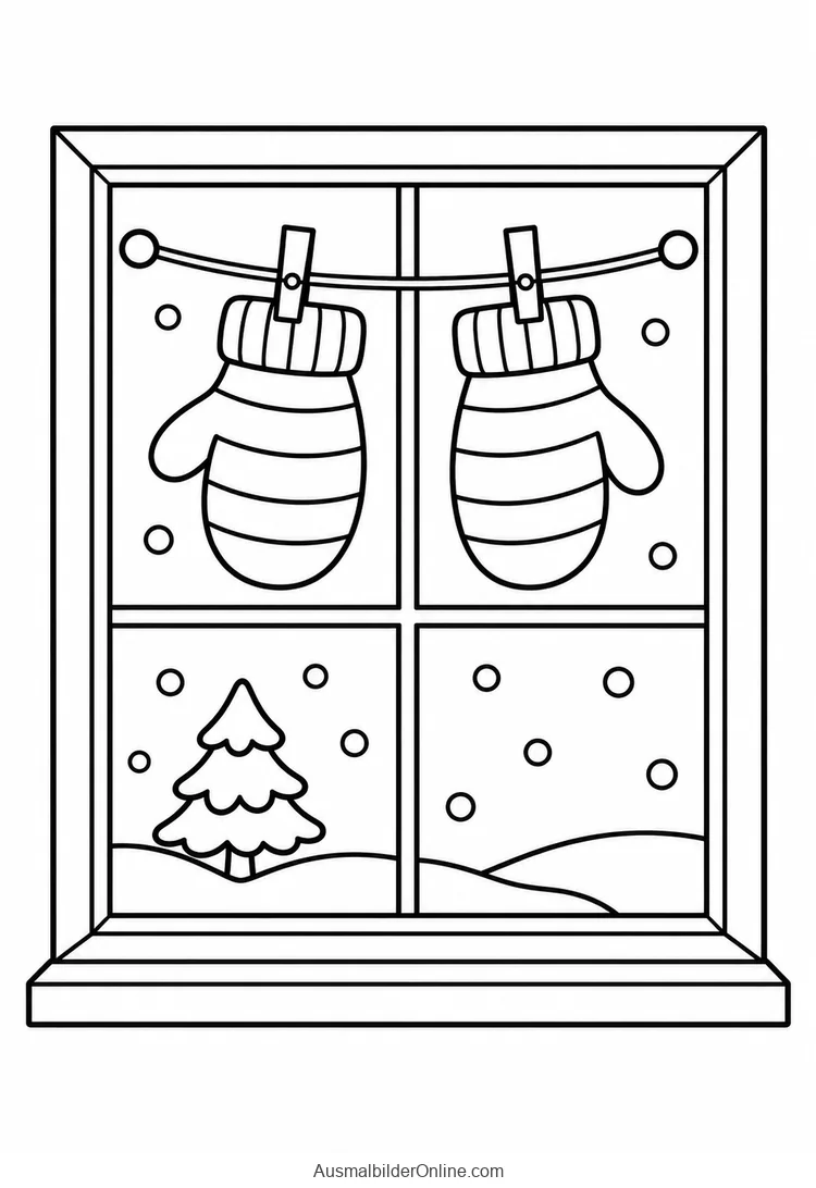 Zwei Fäustlinge hängen vor einem Fenster mit verschneiter Aussicht