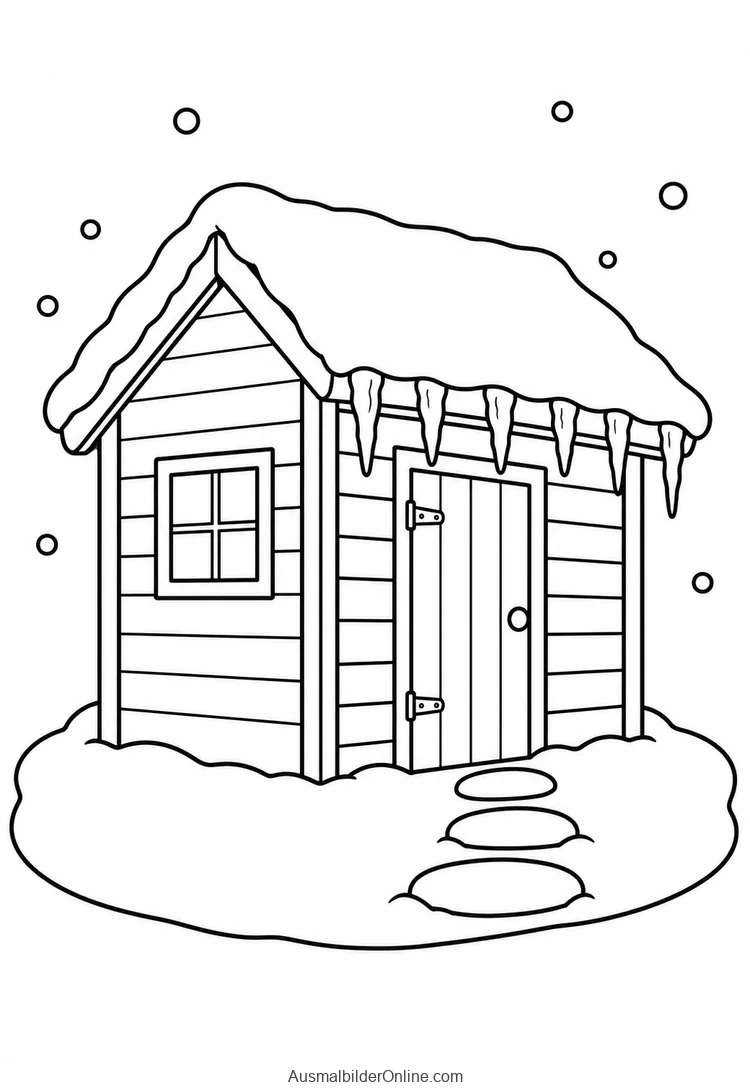Kleine Holzhütte trägt Schnee und Eiszapfen am Dach