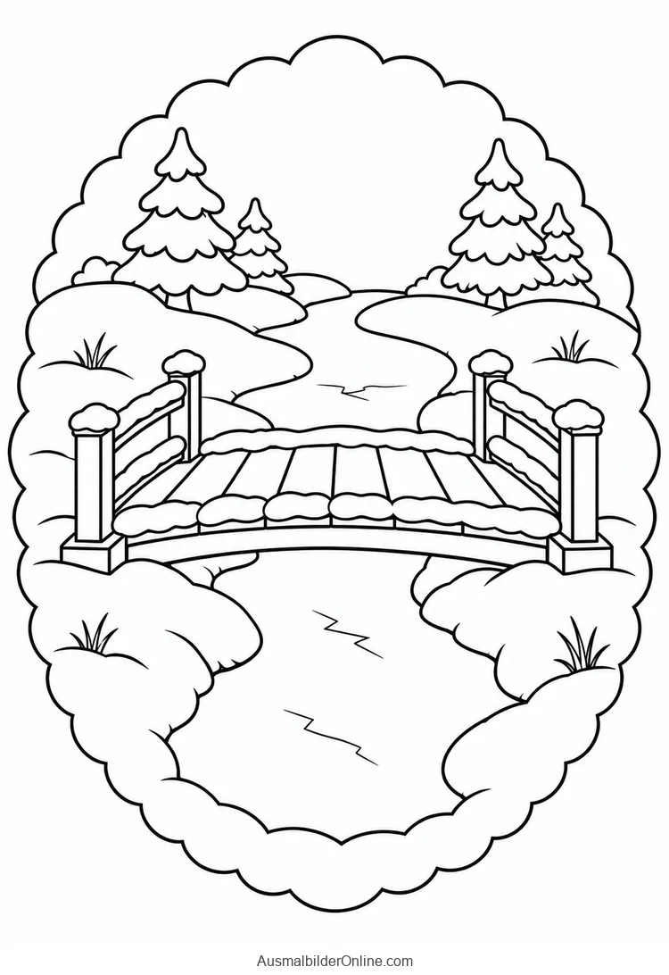 Verschneite Holzbrücke führt über einen gefrorenen Bach zwischen Tannen